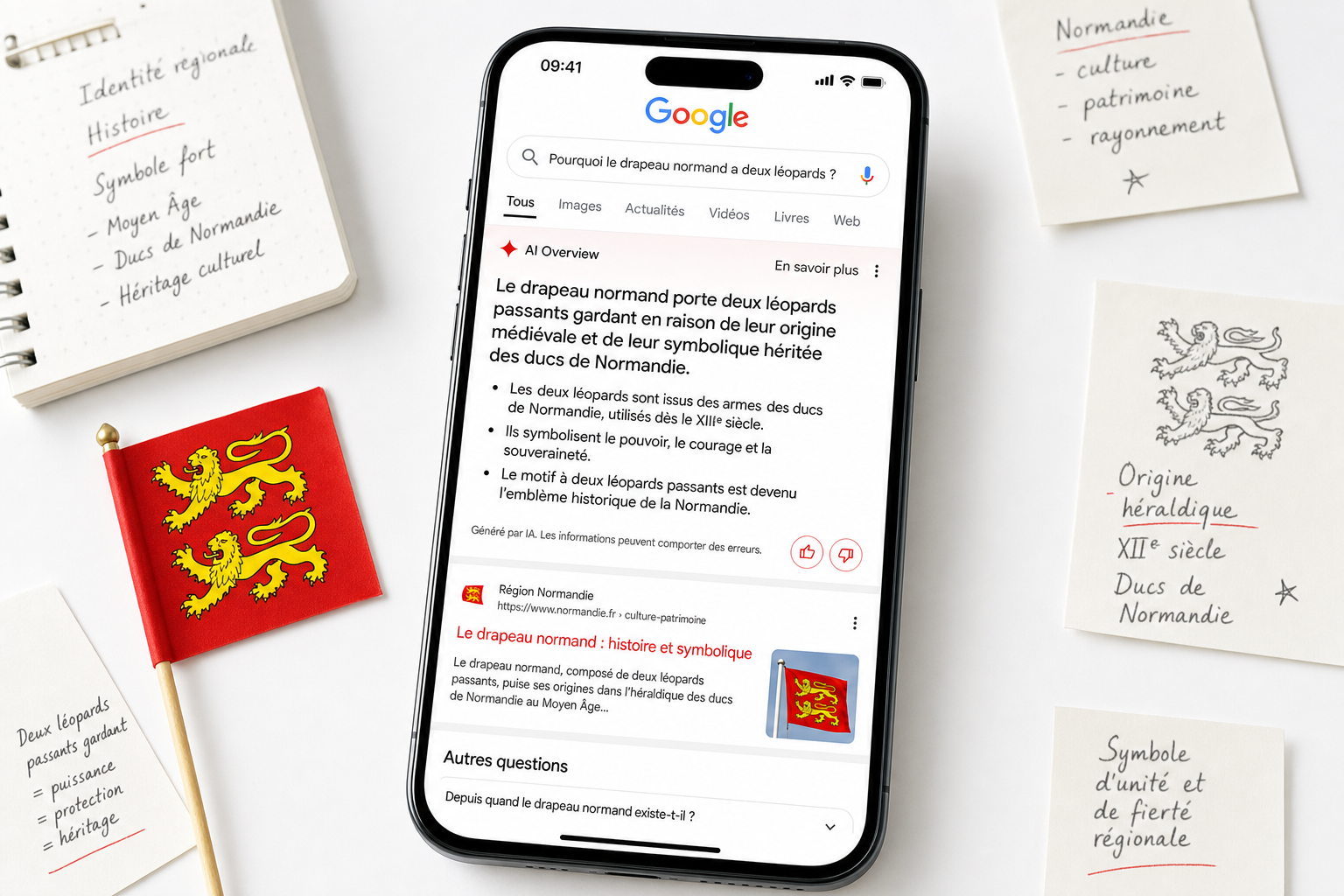 Smartphone affichant une recherche Google avec un AI Overview en français, posé sur un bureau clair avec des notes manuscrites et un drapeau normand.