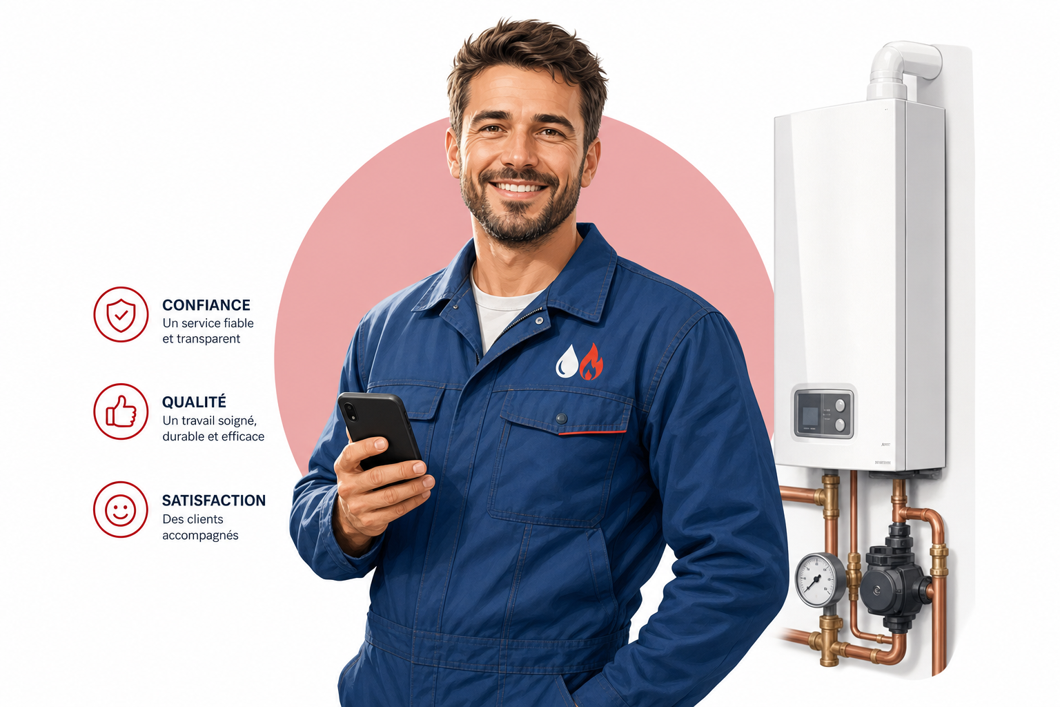 Artisan souriant tenant un smartphone, illustrant la satisfaction client et l importance des avis Google pour les TPE et artisans en Normandie.