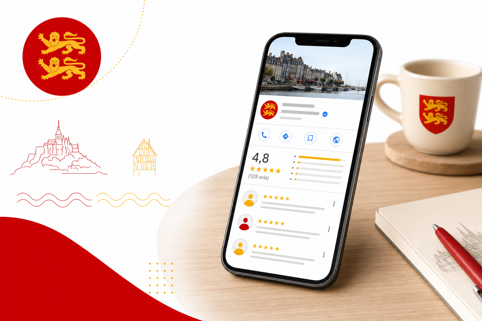 Smartphone affichant une fiche Google avec des avis 5 étoiles et une note de 4,8. Illustration éditoriale pour un article sur les avis Google et le référencement local.