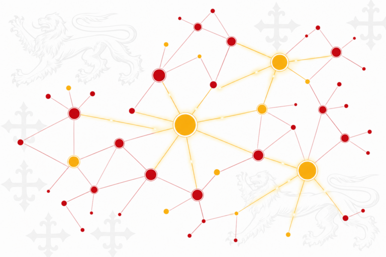 Illustration d&rsquo;un r&eacute;seau de backlinks montrant des sites web interconnect&eacute;s par des liens en rouge et jaune, symbolisant une strat&eacute;gie de netlinking SEO efficace pour les PME
