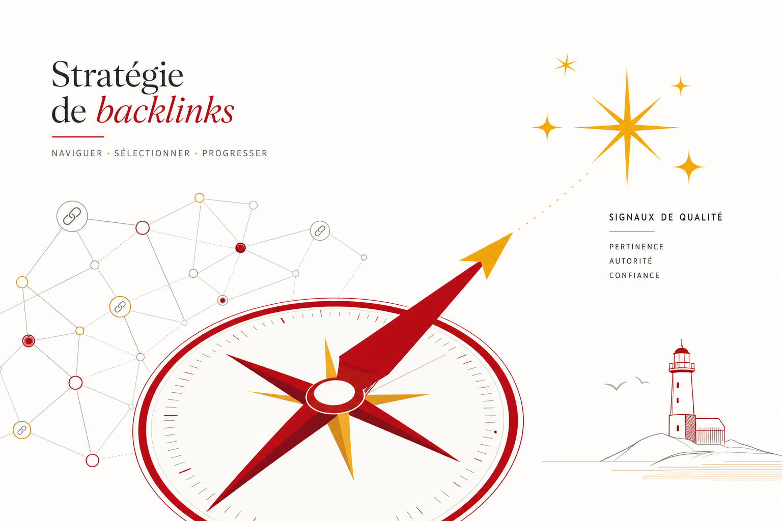 Boussole stylis__IMG3__eacute;e rouge et jaune, m__IMG3__eacute;taphore de la navigation strat__IMG3__eacute;gique dans l__IMG3__rsquo;univers des backlinks SEO