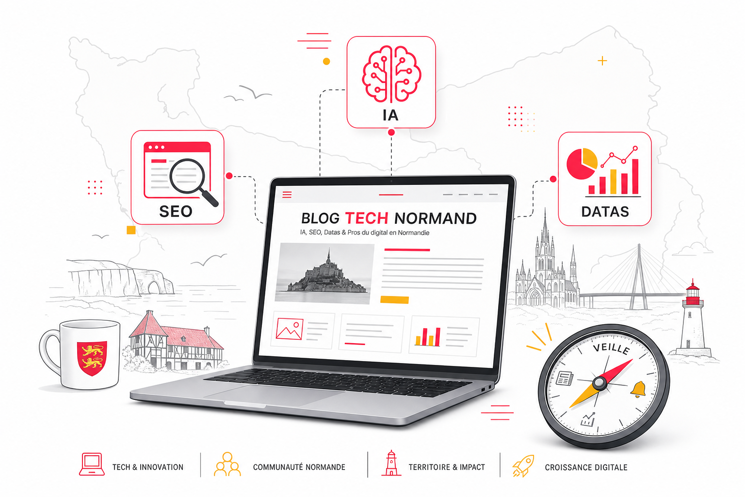 Illustration du brief digital du 13 juillet 2026 — veille SEO, IA, réseaux sociaux et actualité numérique normande. Style épuré avec carte de la Normandie en fond et icônes tech.