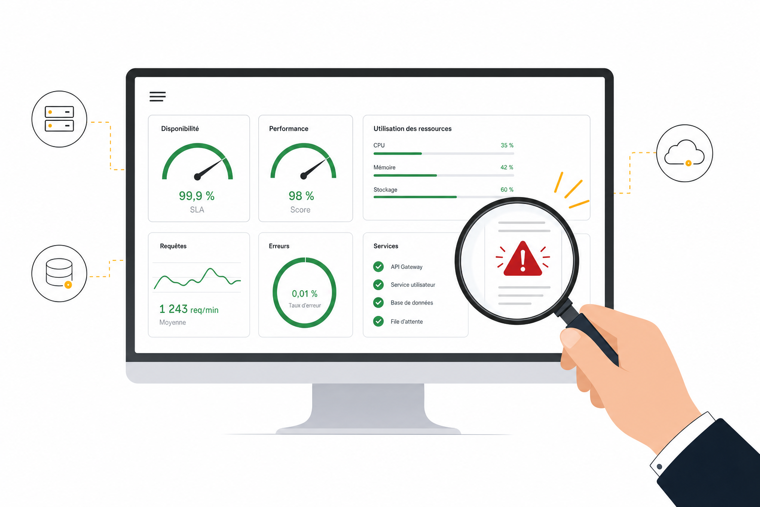 Tableau de bord de cybersécurité avec tous les voyants au vert, une loupe révèle une alerte rouge, le piège du faux sentiment de sécurité