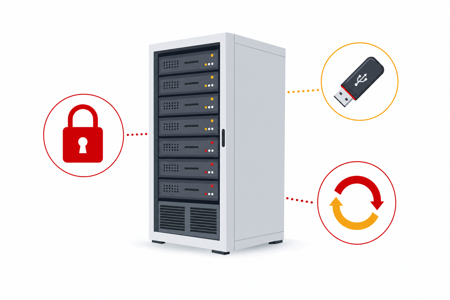 Serveur informatique sécurisé entouré de pictogrammes cadenas, clé USB et mise à jour, les fondamentaux de la cybersécurité web