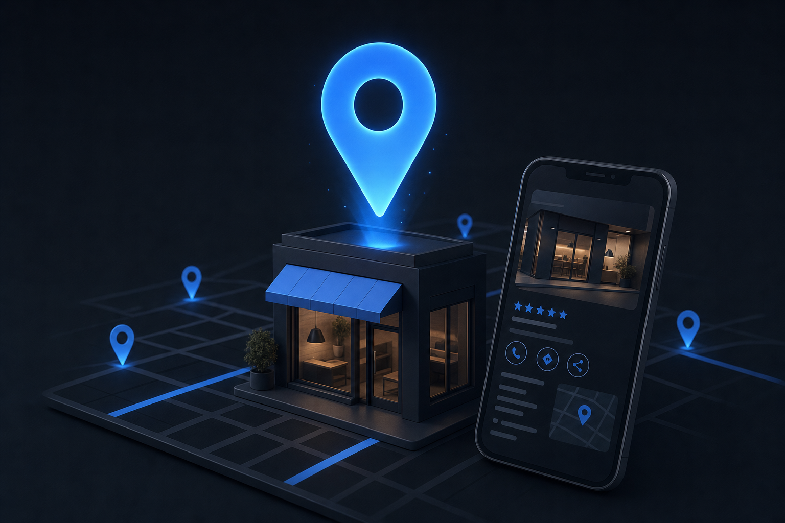 Illustration d'une épingle Google Maps bleue brillante au-dessus d'une vitrine numérique, symbolisant la visibilité locale via Google Business Profile.