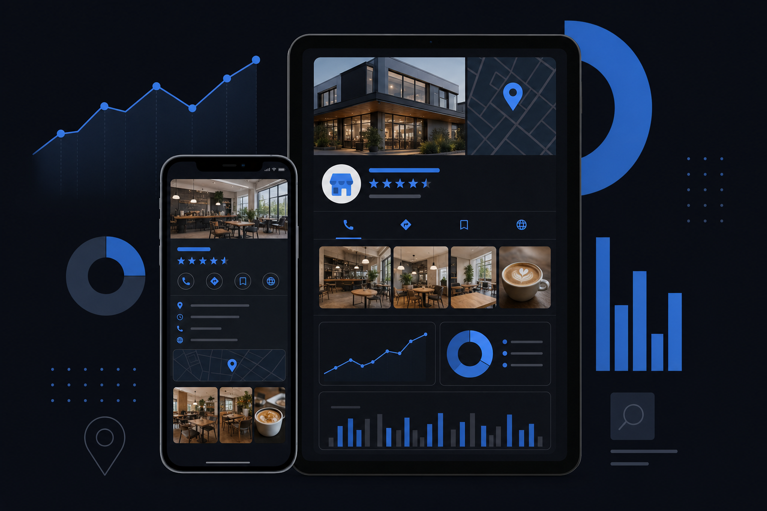 Smartphone et tablette affichant un profil Google Business avec des avis clients, une grille de photos et des graphiques de performance SEO local.