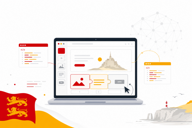 Illustration d'un ordinateur portable affichant une interface de création de site web avec des blocs qui s'assemblent automatiquement, symbolisant l'utilisation de l'intelligence artificielle pour créer un site internet sans coder