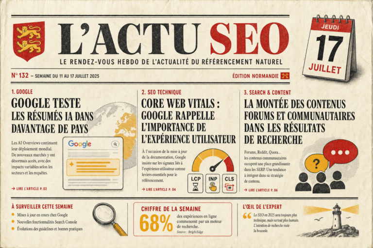 Illustration éditoriale style journal vintage annonçant les actualités SEO de la semaine du 17 juillet 2026 : Search Console, AI Overviews, GEO. Accents rouge et jaune normands.