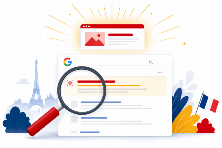 Illustration éditoriale : comment apparaître sur Google — loupe survolant des résultats de recherche avec un site mis en avant, style drapeau normand rouge et jaune sur fond blanc.