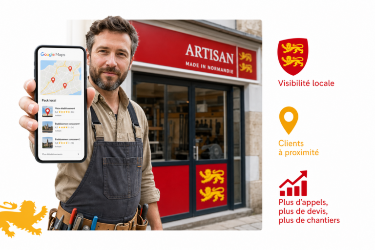 Artisan normand consultant son telephone avec Google Maps affichant les fiches d établissement locales dans le pack local Google, illustration éditoriale style drapeau normand fond blanc.