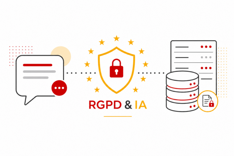 Illustration protection des données et IA : bouclier RGPD entre une conversation et des bases de données, style éditorial normand