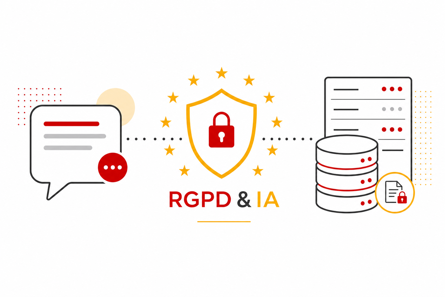 Illustration protection des données et IA : bouclier RGPD entre une conversation et des bases de données, style éditorial normand