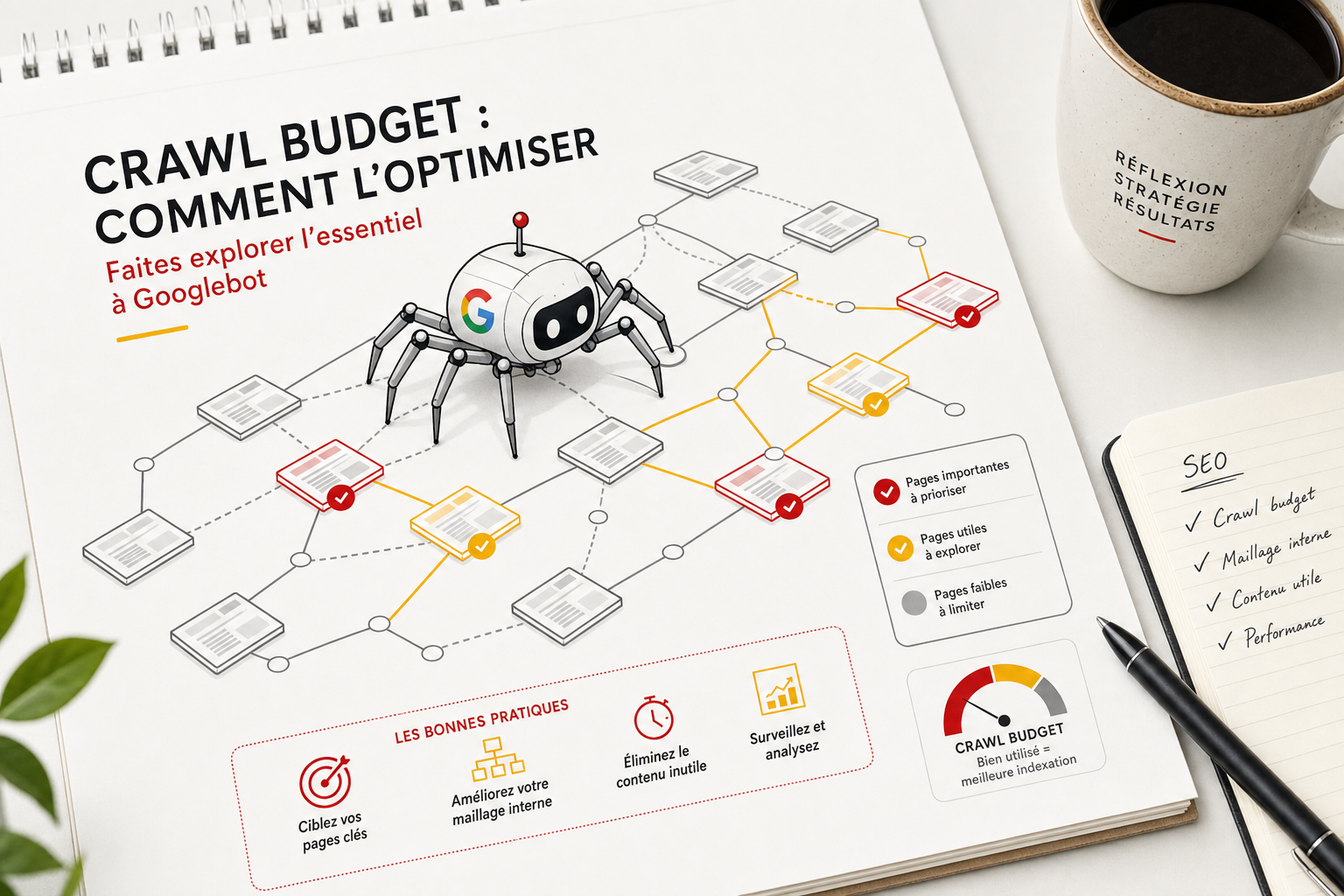 Illustration du crawl budget Google : un robot Googlebot parcourt un reseau de pages web