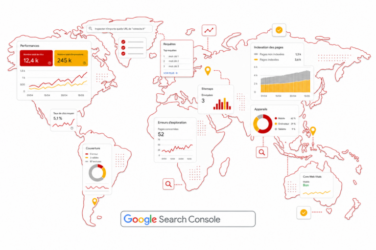 Illustration editoriale : carte du monde composee d elements Search Console en rouge et jaune normand