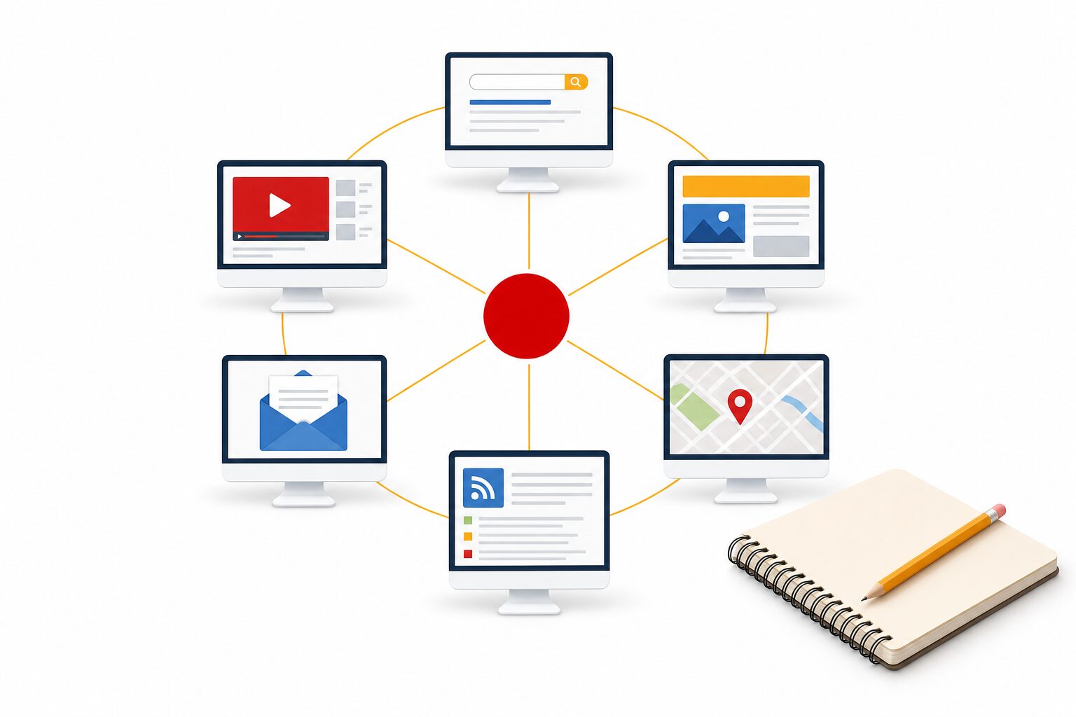 Schema editorial montrant six ecrans disposes en cercle autour d un point central rouge representant les canaux publicitaires Google, relies par des lignes jaunes, avec un carnet et un crayon en bas du cadre.