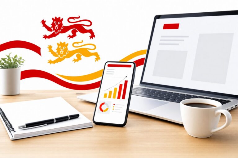 Illustration editoriale d un smartphone pose sur un bureau en bois affichant un tableau de bord publicitaire avec graphique en barres croissant, a cote un ordinateur portable et une tasse de cafe, aux accents rouge et jaune.