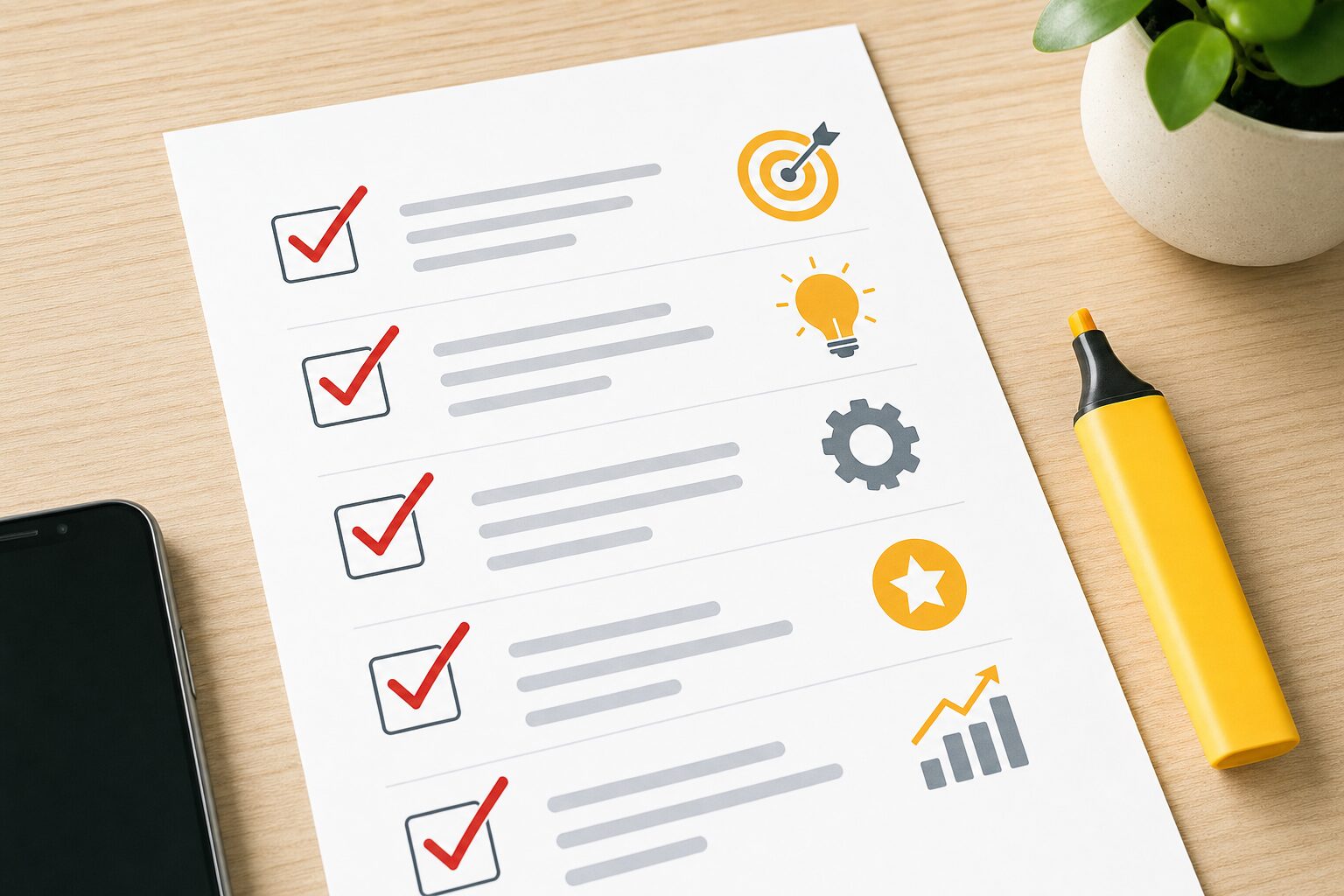 Illustration editoriale d une checklist imprimee sur un bureau en bois avec des cases cochees en rouge et un surligneur jaune, a cote d un smartphone, symbolisant les etapes de creation d une campagne publicitaire.