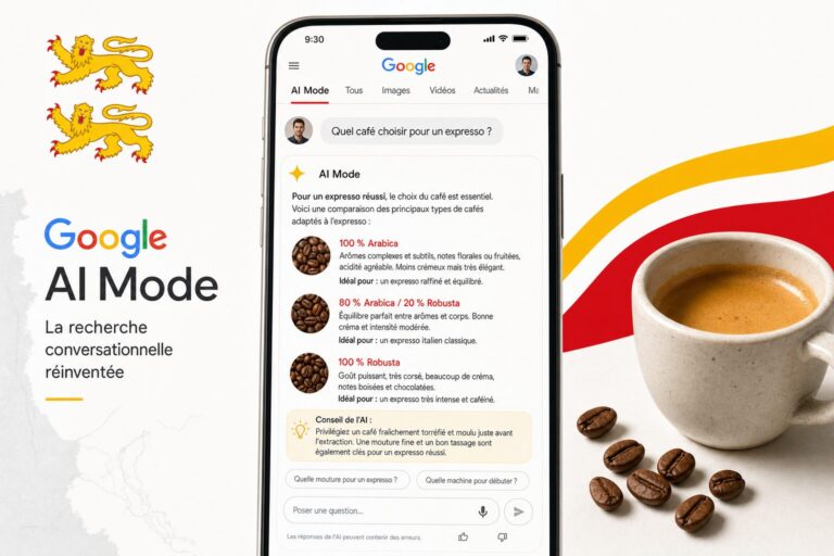 Smartphone affichant l'interface conversationnelle du Mode IA de Google Search. Illustration editoriale Normandie Digital, couleurs rouge et jaune drapeau normand.