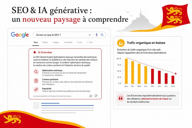 Interface Google Search montrant une AI Overview avec graphique, illustration editoriale pour article SEO