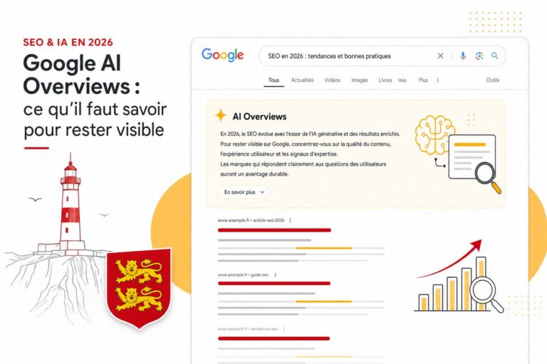 Illustration editoriale representant une page de resultats Google avec un encadre AI Overviews en haut, symbolisant l'impact de l'intelligence artificielle sur le referencement en 2026. Style normand avec accents rouge et jaune.
