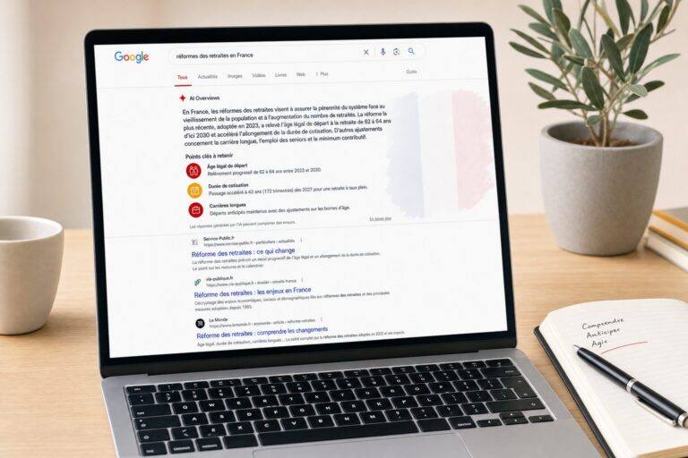 Interface Google Search affichant un résumé IA AI Overviews en haut des résultats, avec des liens bleus en dessous et le drapeau français en filigrane. Illustration éditoriale pour un article sur le lancement des AI Overviews en France en juillet 2026.