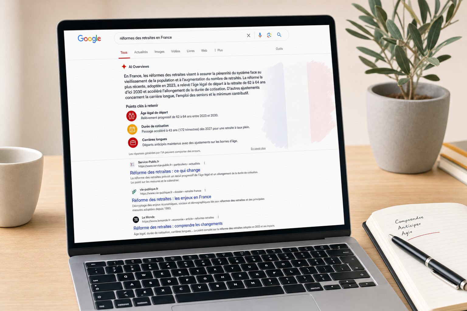 Interface Google Search affichant un résumé IA AI Overviews en haut des résultats, avec des liens bleus en dessous et le drapeau français en filigrane. Illustration éditoriale pour un article sur le lancement des AI Overviews en France en juillet 2026.