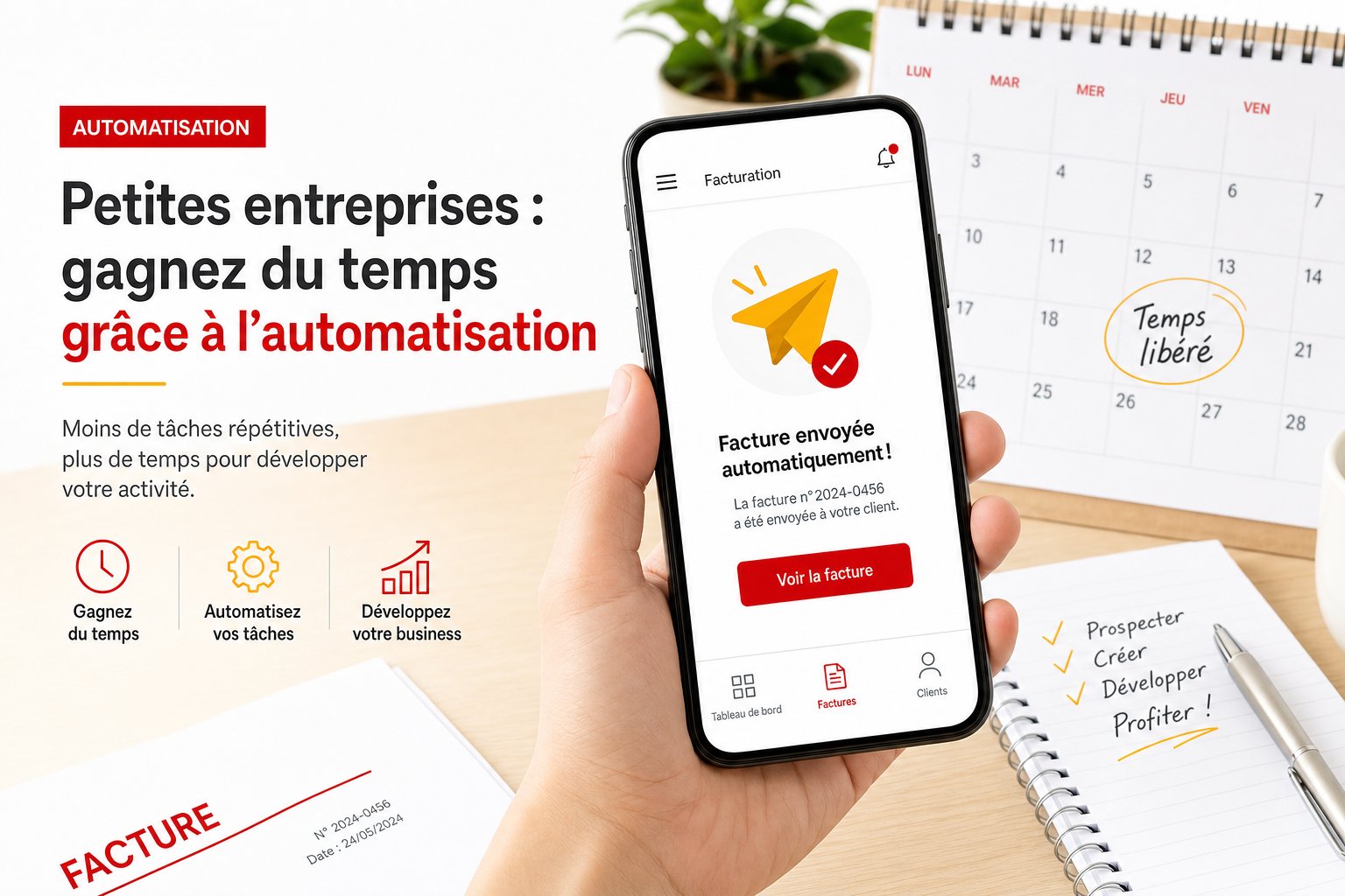 Main tenant un smartphone affichant une notification de facture envoyée automatiquement avec une interface aux accents rouges et jaunes, posé devant un agenda papier et un stylo sur un bureau en bois clair, illustration éditoriale sur le gain de temps de l automatisation