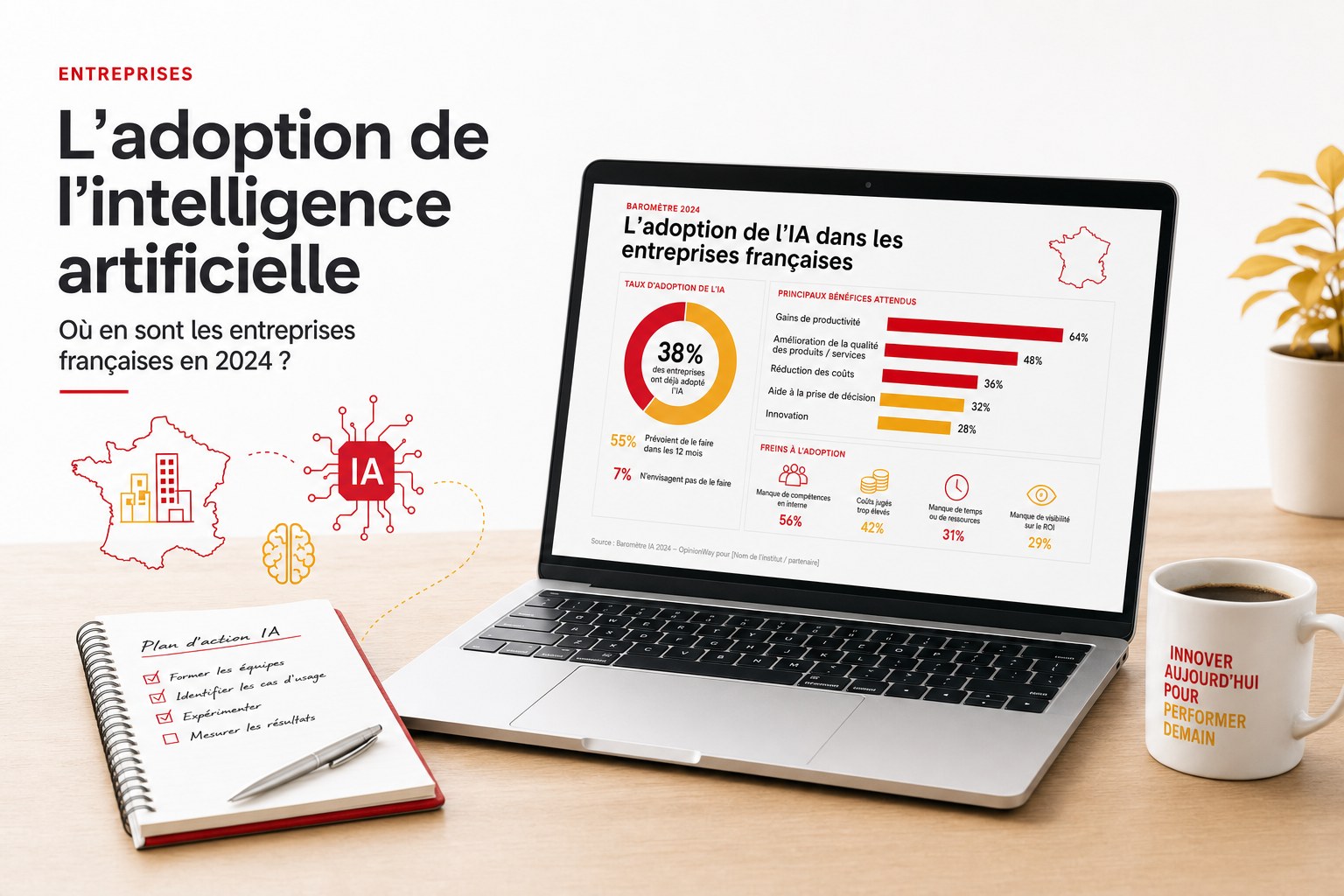 Bureau clair avec un ordinateur portable affichant un tableau de bord analytique aux accents rouges et jaunes, un carnet et une tasse de café, illustration éditoriale pour un article sur l adoption de l intelligence artificielle dans les entreprises françaises en 2025