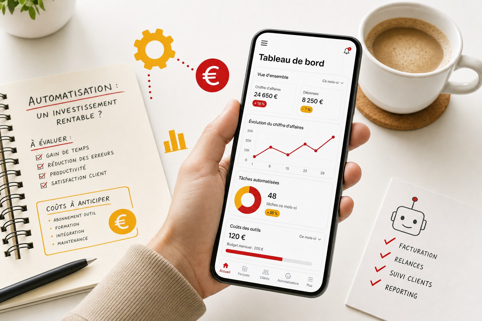 Vue rapprochée d un smartphone posé sur un bureau clair affichant une application de gestion avec des graphiques aux couleurs rouges et jaunes, à côté d un carnet et d une tasse, illustration éditoriale sur le coût des outils d automatisation pour les petites entreprises