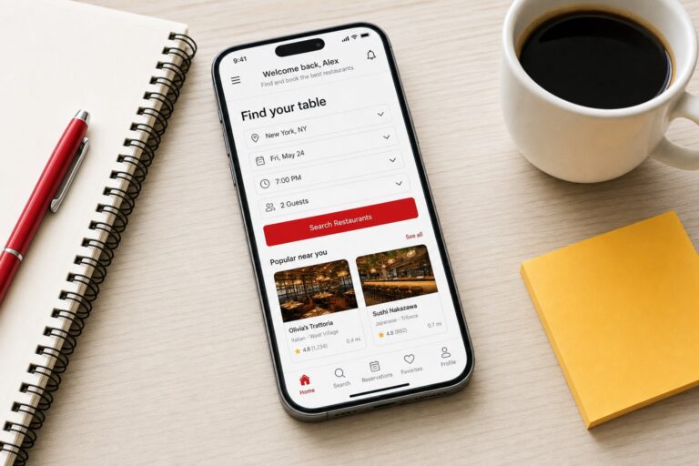 Smartphone posé sur un bureau en bois affichant une application mobile de réservation de restaurant, avec un carnet, une tasse de café et des accents rouges et jaunes, illustrant le coût de création d une application mobile pour un commerce local en Normandie