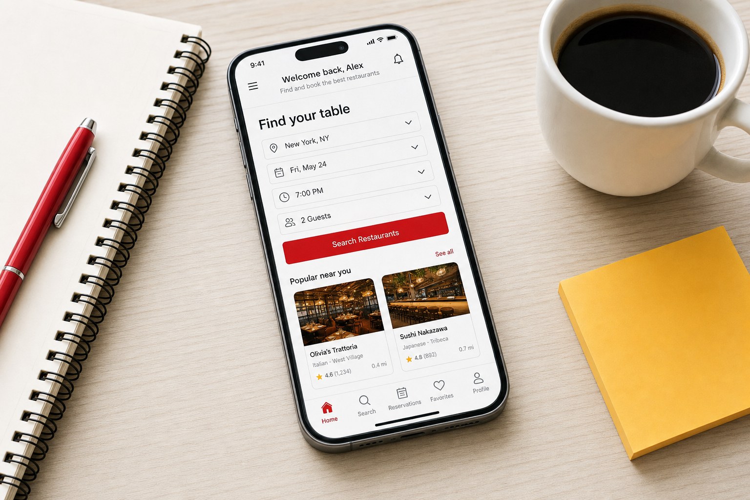 Smartphone posé sur un bureau en bois affichant une application mobile de réservation de restaurant, avec un carnet, une tasse de café et des accents rouges et jaunes, illustrant le coût de création d une application mobile pour un commerce local en Normandie