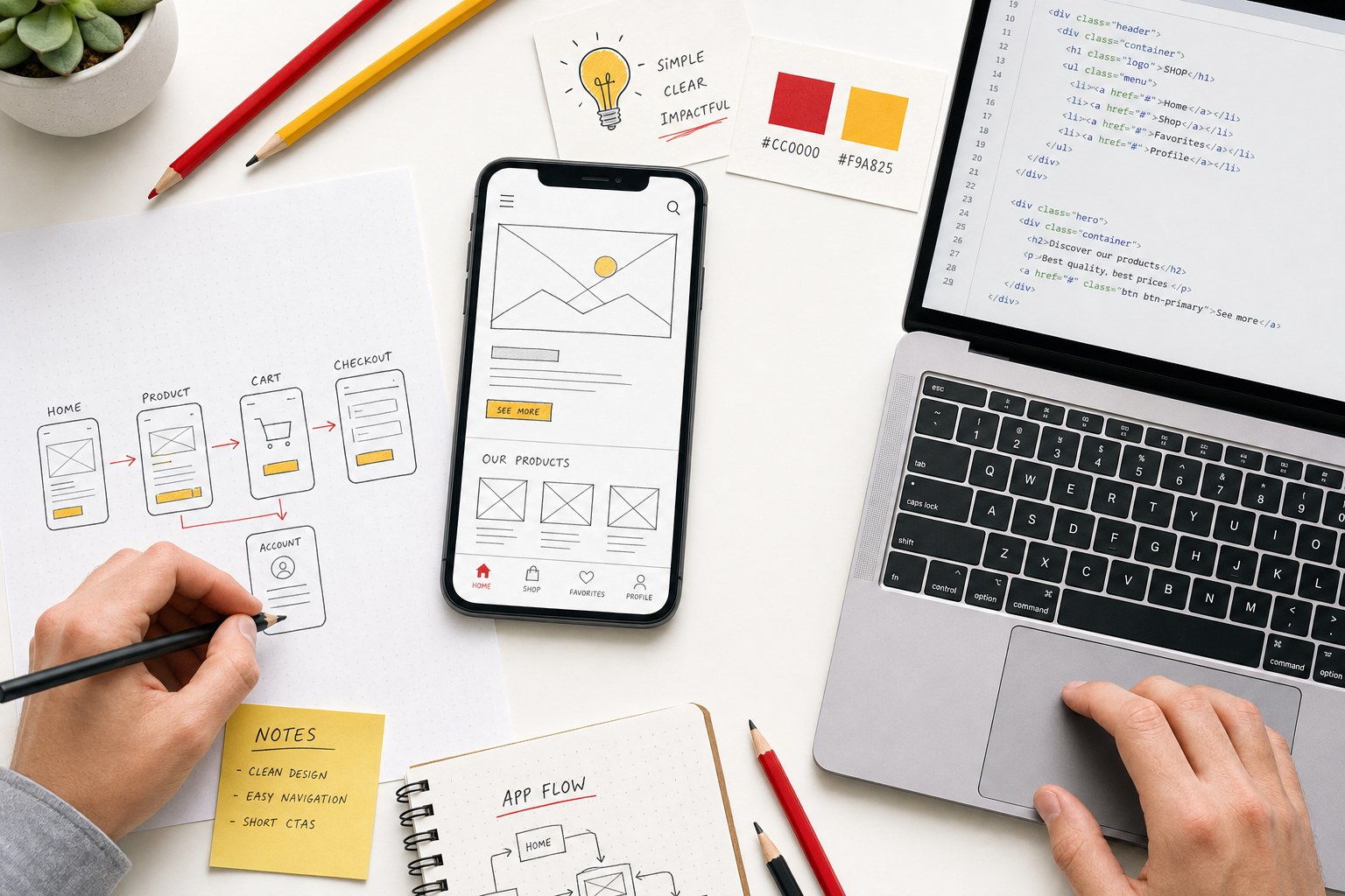 Bureau de travail d'un développeur avec une maquette de smartphone affichant un wireframe d'application mobile, un ordinateur portable avec du code, des croquis de parcours utilisateur et des crayons rouge et jaune, illustrant les étapes de développement et le budget d'une application mobile