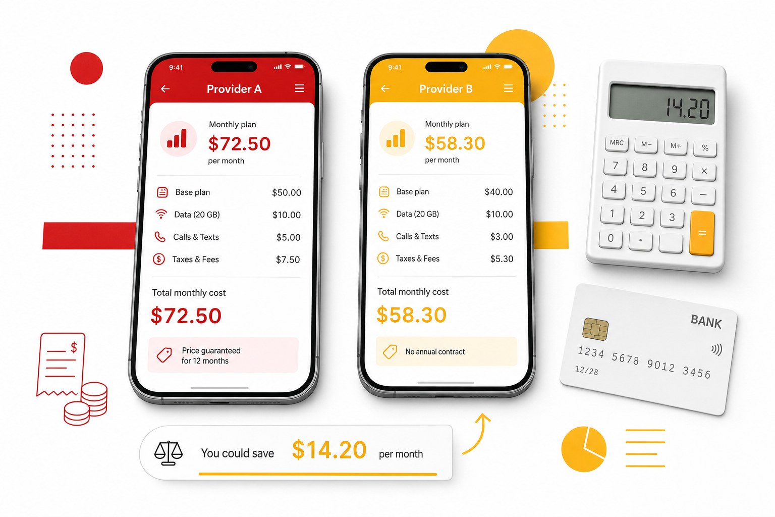 Deux smartphones côte à côte sur une table blanche avec des interfaces d'application en rouge et en jaune, une calculatrice et une carte bancaire, illustrant la comparaison des coûts entre une application native et une application multiplateforme