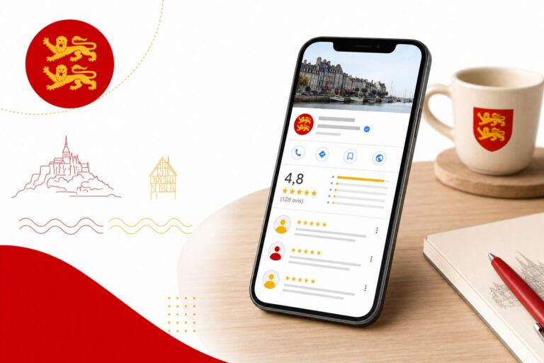 Smartphone affichant une fiche Google avec des avis 5 étoiles et une note de 4,8. Illustration éditoriale pour un article sur les avis Google et le référencement local.