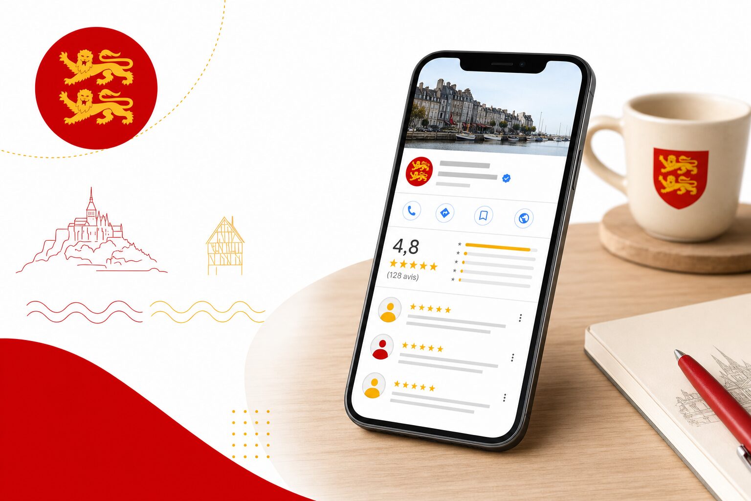 Smartphone affichant une fiche Google avec des avis 5 étoiles et une note de 4,8. Illustration éditoriale pour un article sur les avis Google et le référencement local.