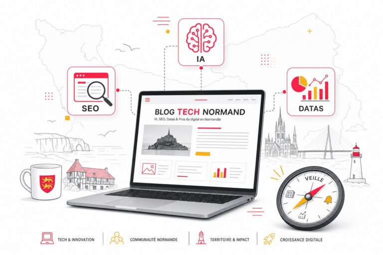 Illustration du brief digital du 13 juillet 2026 ,  veille SEO, IA, réseaux sociaux et actualité numérique normande. Style épuré avec carte de la Normandie en fond et icônes tech.
