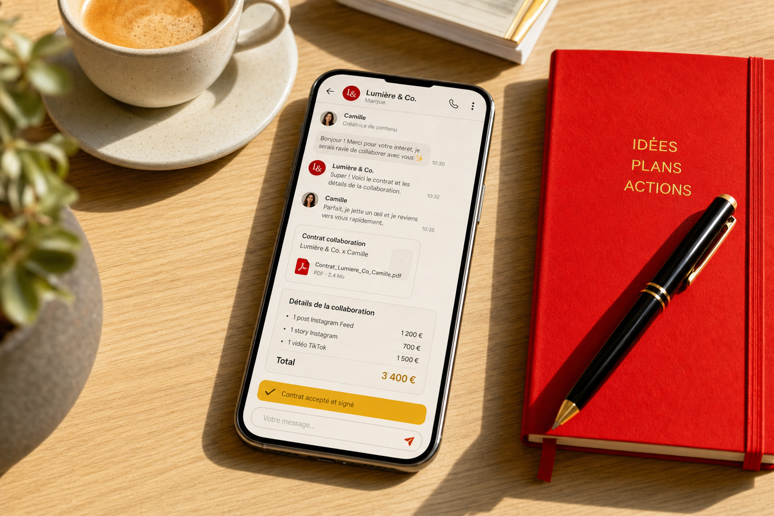 Smartphone affichant une discussion de collaboration entre une marque et un créateur de contenu avec un contrat et des tarifs, carnet rouge et tasse de café sur bureau en bois clair, style éditorial aux accents rouge et jaune