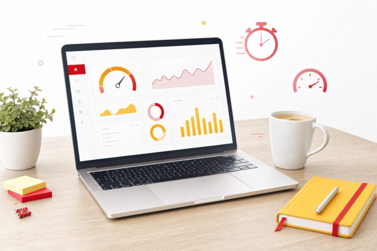 Illustration éditoriale montrant un ordinateur portable affichant un tableau de bord de performance web avec des jauges de vitesse, une tasse de café et un carnet jaune à bande rouge sur un bureau en bois, style Normandie Digital fond blanc accents rouge et jaune