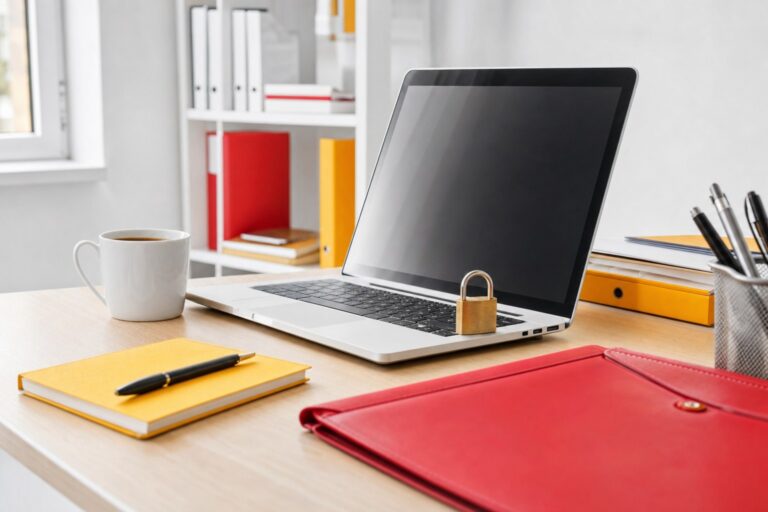 Ordinateur portable de bureau avec un cadenas métallique posé sur le clavier, illustration de la cybersécurité des TPE et PME face aux rançongiciels en 2026, bureau clair avec accents rouge et jaune