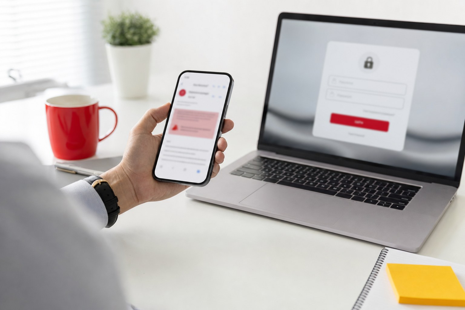 Salarié tenant un smartphone avec un e-mail suspect à côté d'un ordinateur portable, illustration des campagnes de phishing et d'hameçonnage qui ciblent les entreprises françaises en 2026
