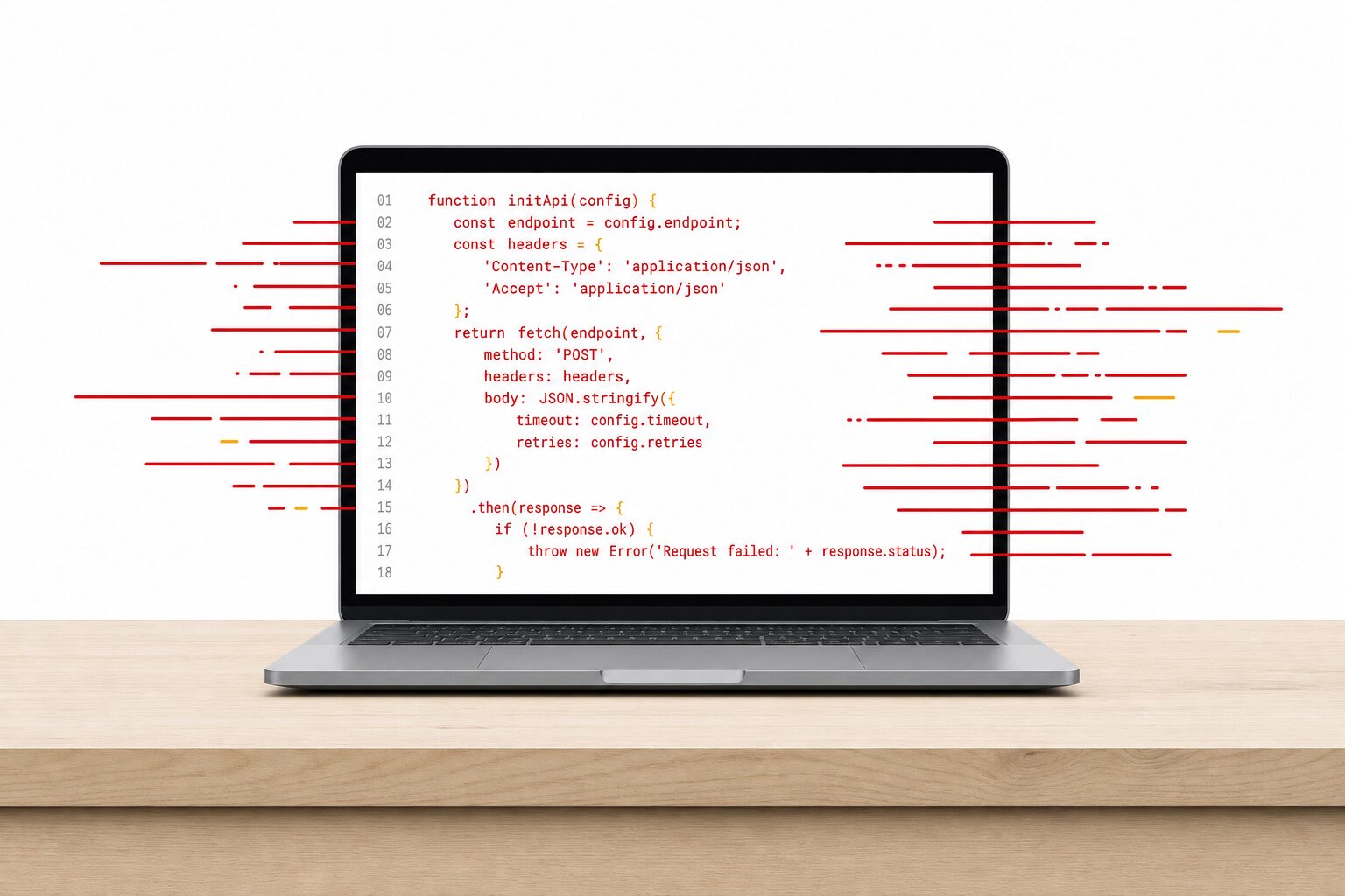 Écran affichant du code rouge vif qui déborde ,  illustration éditoriale cybersécurité et IA