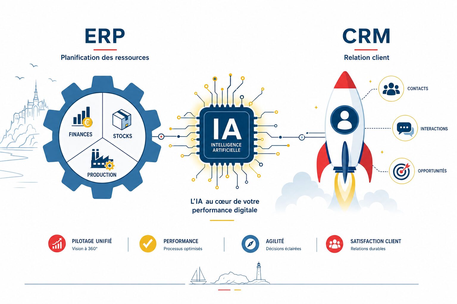 Illustration ERP et CRM reliés par une puce IA : engrenage de gestion à gauche, fusée relation client à droite, fond blanc, accents rouge et jaune.