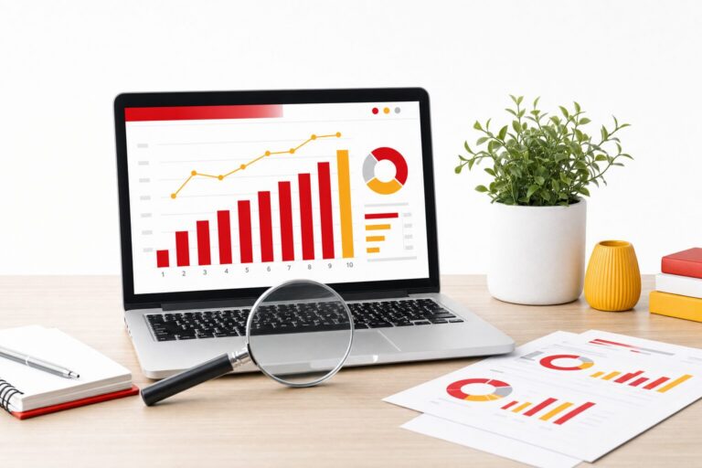 Ordinateur portable affichant un graphique de positions de recherche SEO avec des barres rouge et jaune, une loupe et des statistiques posées devant, illustration pour l'étude Ahrefs sur le contenu IA dans les résultats Google