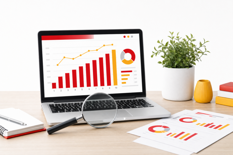 Ordinateur portable affichant un graphique de positions de recherche SEO avec des barres rouge et jaune, une loupe et des statistiques posées devant, illustration pour l'étude Ahrefs sur le contenu IA dans les résultats Google