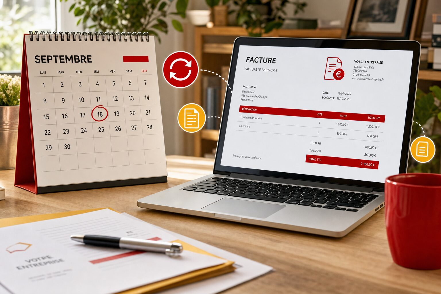 Calendrier de septembre avec une échéance entourée en rouge et un ordinateur affichant une facture dématérialisée