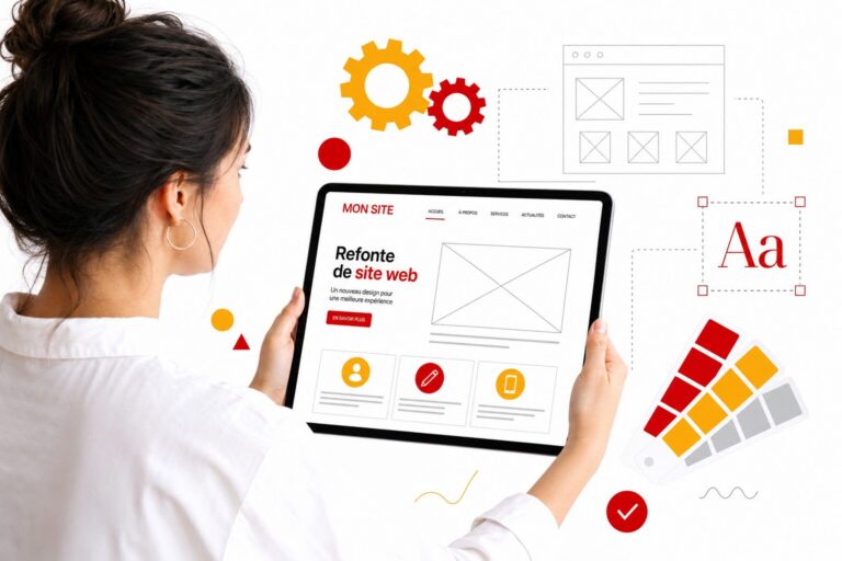 Personne tenant une tablette avec une maquette de site web en refonte, design et développement