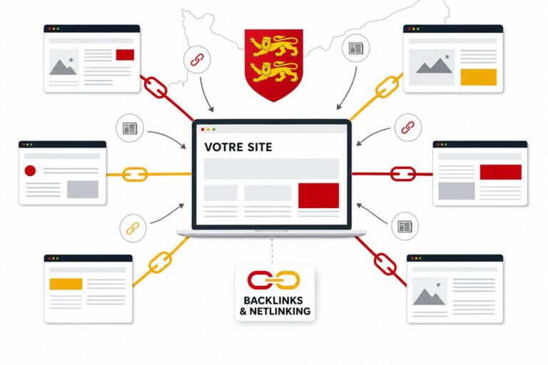 Réseau de connexions entre sites web représentant des backlinks et une stratégie de netlinking pour PME