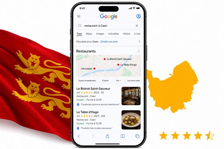 Résultats Google sur smartphone montrant une recherche locale avec avis et carte