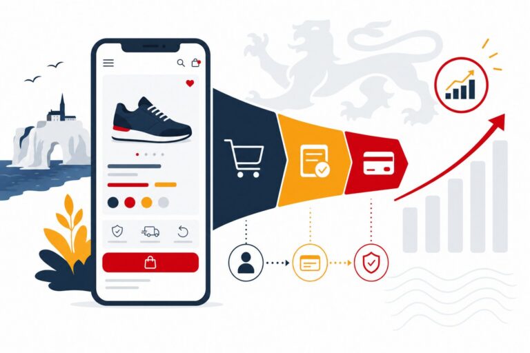 Tunnel de vente e-commerce sur smartphone avec indicateur de conversion. Illustration editoriale sur l ergonomie et le taux de conversion.