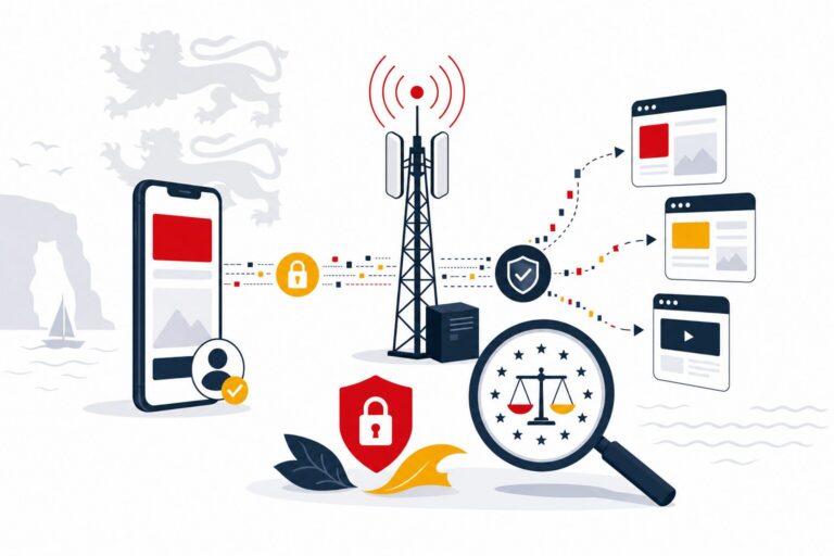 Smartphone connecte a une antenne telecom avec flux de donnees chiffres. Illustration sur Utiq et le tracking publicitaire operateur.